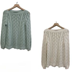 LOFT SWEATERS WOMENS MEDIUM GREEN CREAM LOT 2 OPEN KNIT WOOL BLEND